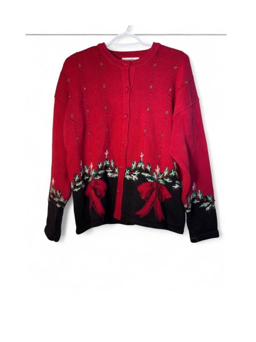 Casual Corner Red and Black Holiday Bow Cardigan